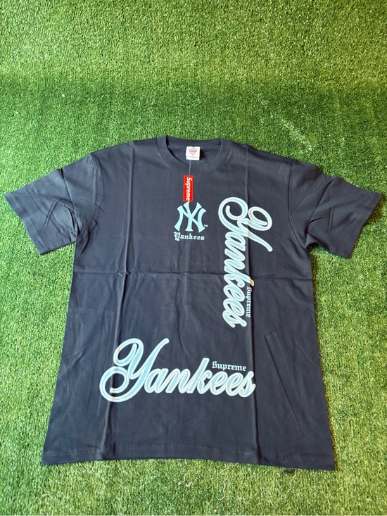 others Other - Supreme Black Tee with Light Blue Yankees Script